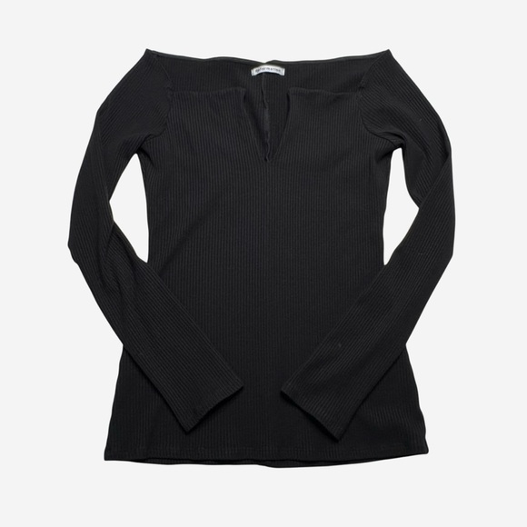 Reformation Tops - Reformation Split Neck Rib Knit Top Size M Fitted Long Sleeve Black